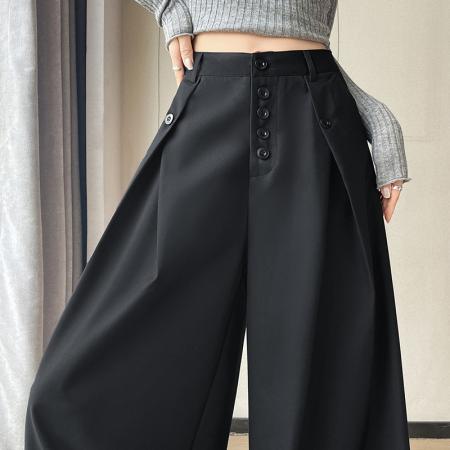 FA53818# 高级感黑色排扣西装阔腿裤女春秋设计感高腰宽松休闲显瘦拖地裤子 服裝批發女裝批發服飾貨源