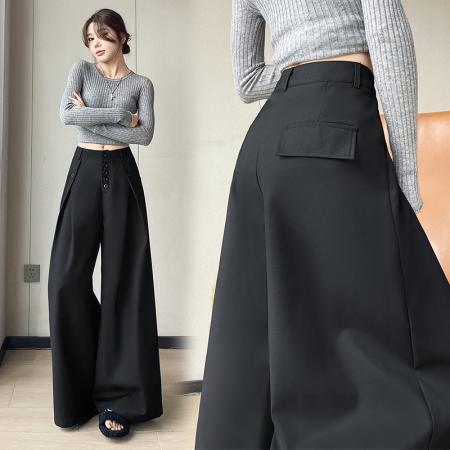 FA53818# 高级感黑色排扣西装阔腿裤女春秋设计感高腰宽松休闲显瘦拖地裤子 服裝批發女裝批發服飾貨源