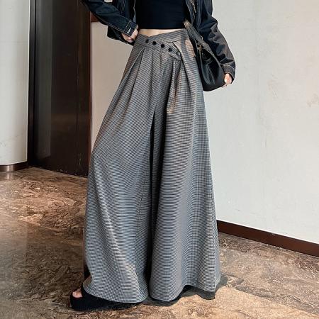 FA53819# 复古格子阔腿裤女春秋新款高腰显瘦宽松休闲百搭直筒拖地裤裙子 服裝批發女裝批發服飾貨源