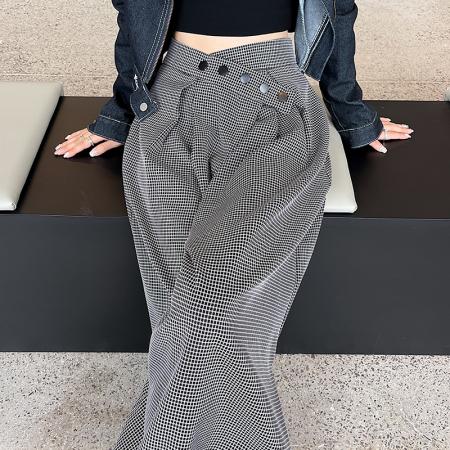 FA53819# 复古格子阔腿裤女春秋新款高腰显瘦宽松休闲百搭直筒拖地裤裙子 服裝批發女裝批發服飾貨源