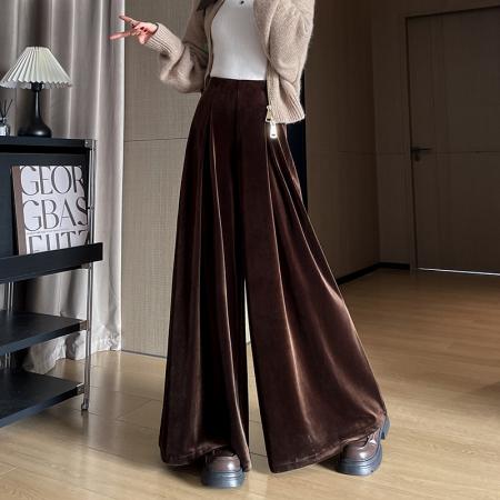 FA53820# 咖色加厚金丝绒阔腿裤你秋冬高腰垂感宽松慵懒风休闲拖地长裤子 服裝批發女裝批發服飾貨源