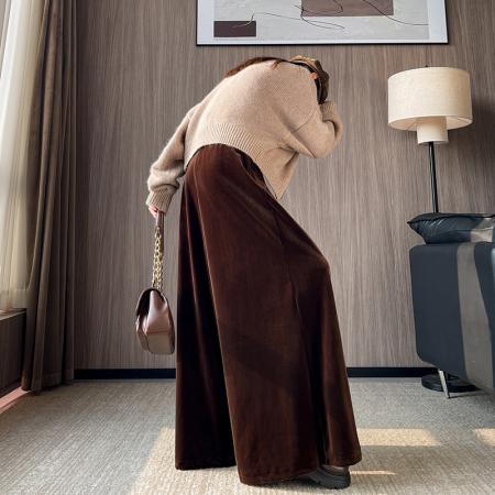 FA53820# 咖色加厚金丝绒阔腿裤你秋冬高腰垂感宽松慵懒风休闲拖地长裤子 服裝批發女裝批發服飾貨源