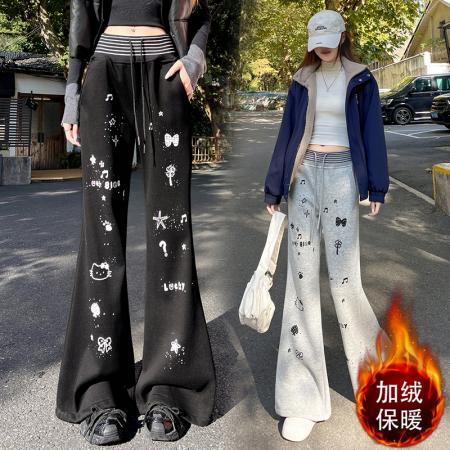 FA53821# 灰色美式复古卡通印花微喇卫裤女秋冬加绒加厚松紧腰休闲喇叭裤子 服裝批發女裝批發服飾貨源