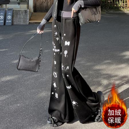FA53821# 灰色美式复古卡通印花微喇卫裤女秋冬加绒加厚松紧腰休闲喇叭裤子 服裝批發女裝批發服飾貨源