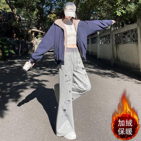 FA53821# 灰色美式复古卡通印花微喇卫裤女秋冬加绒加厚松紧腰休闲喇叭裤子 服裝批發女裝批發服飾貨源