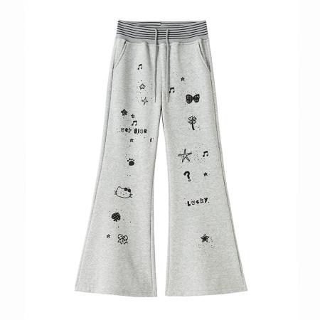 FA53821# 灰色美式复古卡通印花微喇卫裤女秋冬加绒加厚松紧腰休闲喇叭裤子 服裝批發女裝批發服飾貨源