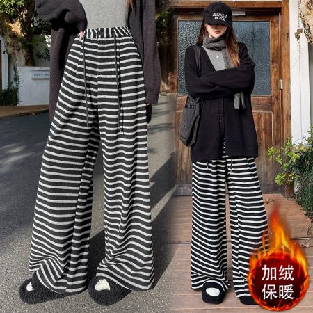 FA53822# 加绒加厚条纹针织阔腿裤女冬季新款高腰垂感宽松显瘦休闲拖地裤 服裝批發女裝批發服飾貨源