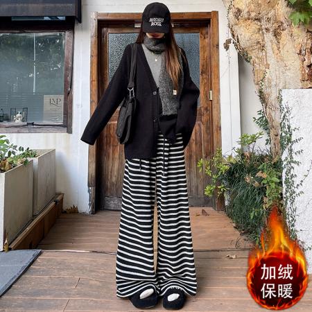 FA53822# 加绒加厚条纹针织阔腿裤女冬季新款高腰垂感宽松显瘦休闲拖地裤 服裝批發女裝批發服飾貨源