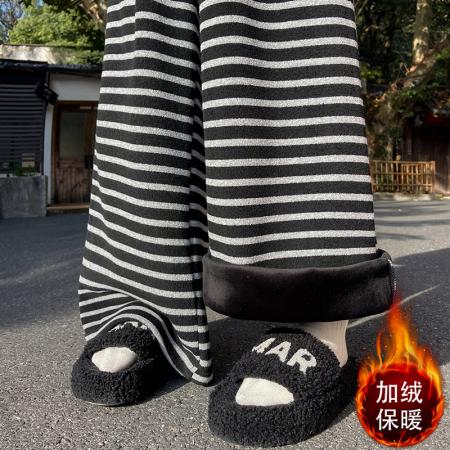FA53822# 加绒加厚条纹针织阔腿裤女冬季新款高腰垂感宽松显瘦休闲拖地裤 服裝批發女裝批發服飾貨源