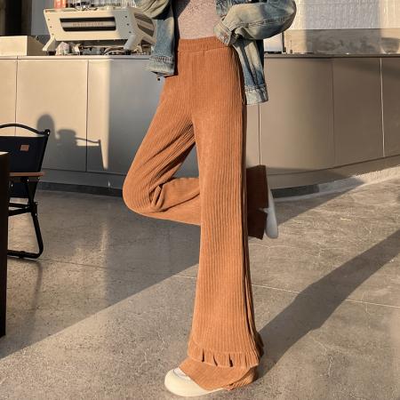 FA53823# 木耳边灯芯绒微喇裤子女秋冬新款加厚条绒软糯休闲花边拼接拖地裤 服裝批發女裝批發服飾貨源