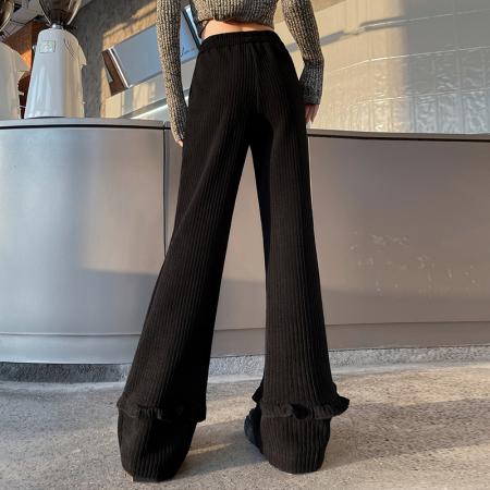 FA53823# 木耳边灯芯绒微喇裤子女秋冬新款加厚条绒软糯休闲花边拼接拖地裤 服裝批發女裝批發服飾貨源