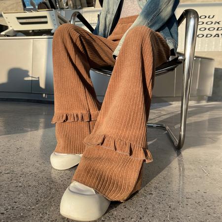 FA53823# 木耳边灯芯绒微喇裤子女秋冬新款加厚条绒软糯休闲花边拼接拖地裤 服裝批發女裝批發服飾貨源