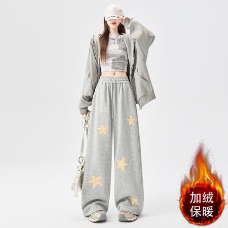 FA53824# 美式复古星星刺绣运动卫裤女秋冬加绒慵懒风显瘦阔腿休闲拖地裤子 服裝批發女裝批發服飾貨源