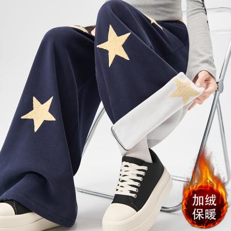 FA53824# 美式复古星星刺绣运动卫裤女秋冬加绒慵懒风显瘦阔腿休闲拖地裤子 服裝批發女裝批發服飾貨源