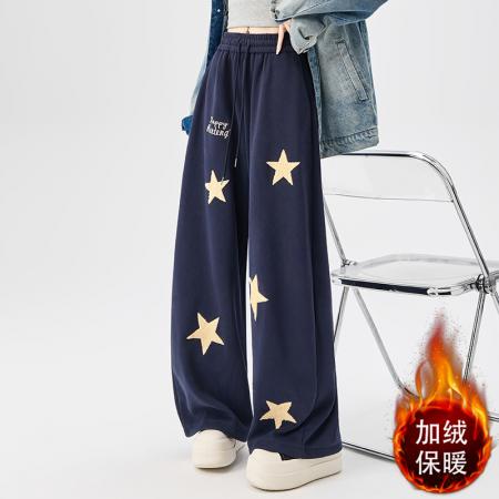 FA53824# 美式复古星星刺绣运动卫裤女秋冬加绒慵懒风显瘦阔腿休闲拖地裤子 服裝批發女裝批發服飾貨源