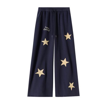 FA53824# 美式复古星星刺绣运动卫裤女秋冬加绒慵懒风显瘦阔腿休闲拖地裤子 服裝批發女裝批發服飾貨源