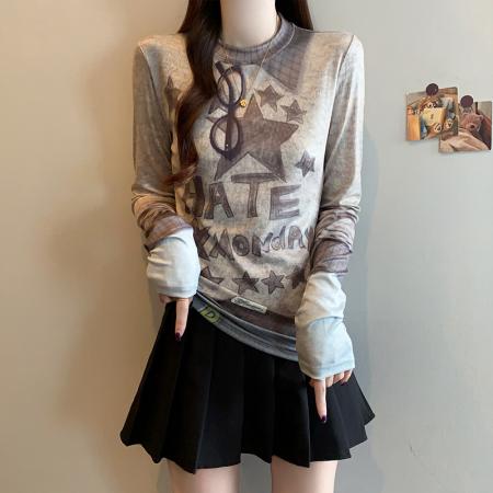 FA53825# 春季新款大码女时尚显瘦设计小众印花拼色假两件T恤上衣 服裝批發女裝批發服飾貨源