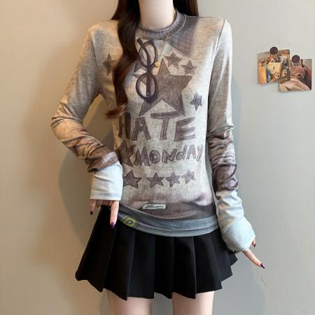 FA53825# 春季新款大码女时尚显瘦设计小众印花拼色假两件T恤上衣 服裝批發女裝批發服飾貨源