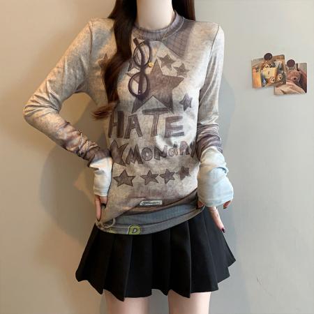 FA53825# 春季新款大码女时尚显瘦设计小众印花拼色假两件T恤上衣 服裝批發女裝批發服飾貨源