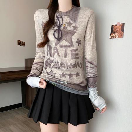 FA53825# 春季新款大码女时尚显瘦设计小众印花拼色假两件T恤上衣 服裝批發女裝批發服飾貨源