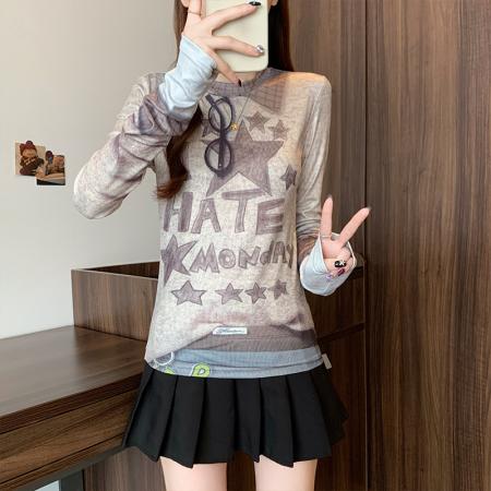 FA53825# 春季新款大码女时尚显瘦设计小众印花拼色假两件T恤上衣 服裝批發女裝批發服飾貨源