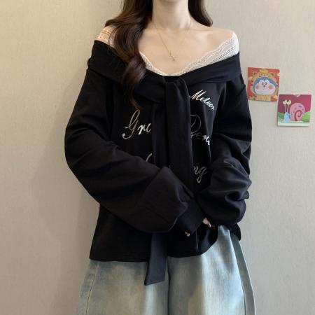 FA53827# 大码女装秋冬新款设计感V领蕾丝假两件印花宽松长袖卫衣 服裝批發女裝批發服飾貨源