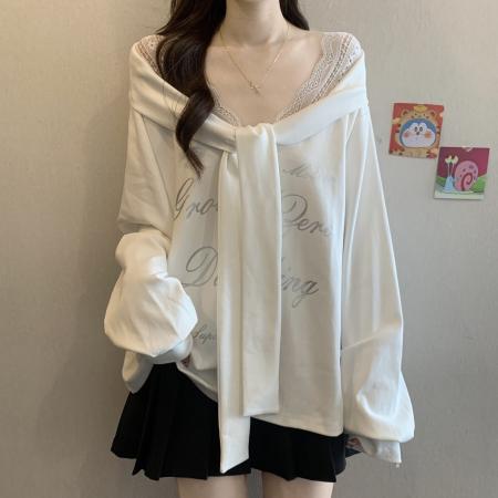 FA53827# 大码女装秋冬新款设计感V领蕾丝假两件印花宽松长袖卫衣 服裝批發女裝批發服飾貨源