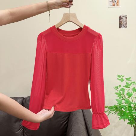 FA53830# 气质复古修身网纱T恤打底衫女秋冬新款时尚百搭女装内搭上衣 服裝批發女裝批發服飾貨源