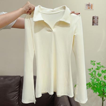 FA53831# 法式翻领辣妹正肩喇叭长袖秋冬T恤女内搭打底衫收腰显瘦上衣 服裝批發女裝批發服飾貨源