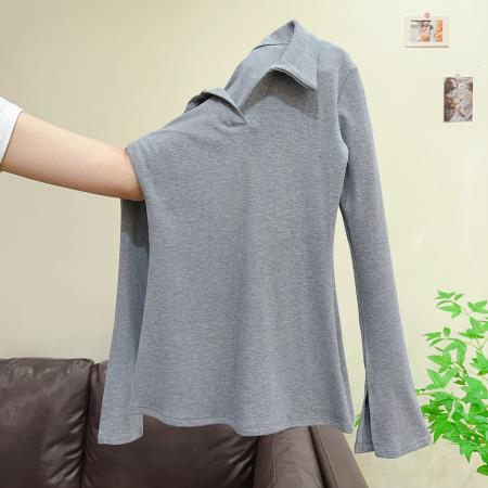 FA53831# 法式翻领辣妹正肩喇叭长袖秋冬T恤女内搭打底衫收腰显瘦上衣 服裝批發女裝批發服飾貨源