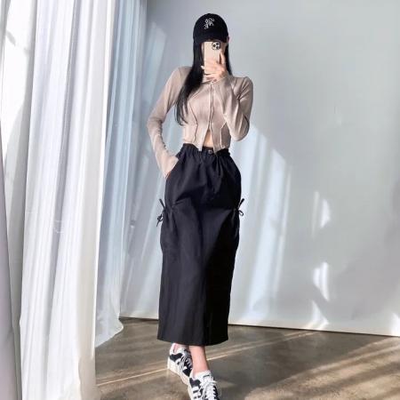 FA53832# ins韩国春季复古休闲简约抽绳松紧腰后开叉口袋工装A字半身裙 服裝批發女裝批發服飾貨源