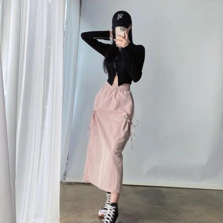 FA53832# ins韩国春季复古休闲简约抽绳松紧腰后开叉口袋工装A字半身裙 服裝批發女裝批發服飾貨源