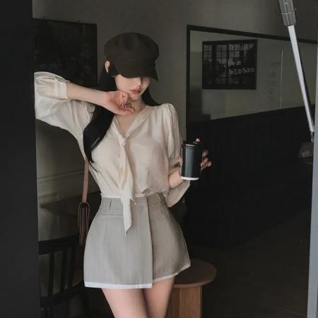 FA53833# 韩国早春法式优雅V领飘带泡泡袖气质百搭雪纺衫衬衫上衣 服裝批發女裝批發服飾貨源