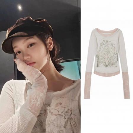 FA53834# 韩国小众金采源直井怜sculp*烫钻褶皱蕾丝假两件长袖拼接上衣 服裝批發女裝批發服飾貨源