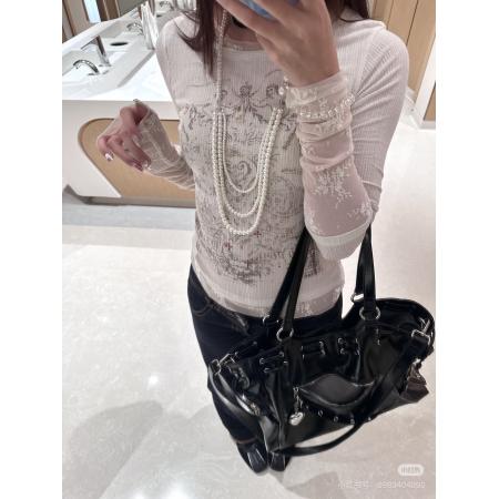 FA53834# 韩国小众金采源直井怜sculp*烫钻褶皱蕾丝假两件长袖拼接上衣 服裝批發女裝批發服飾貨源