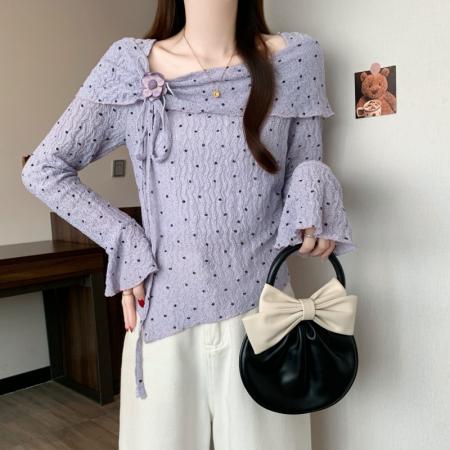 FA53835# 早初春新款美拉德不规则长袖T恤大码女装胖mm别致一字肩上衣 服裝批發女裝批發服飾貨源