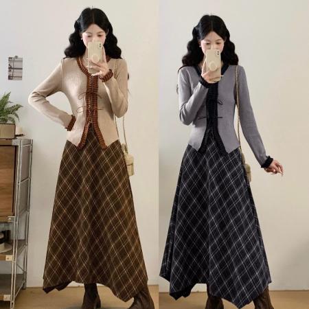 FA53836# 胖妹妹秋冬一整套蝴蝶结V领长袖针织衫加厚格子半身中长裙上衣女 服裝批發女裝批發服飾貨源