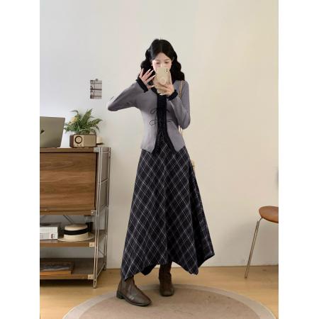 FA53836# 胖妹妹秋冬一整套蝴蝶结V领长袖针织衫加厚格子半身中长裙上衣女 服裝批發女裝批發服飾貨源