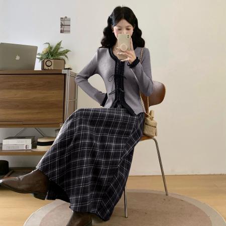 FA53836# 胖妹妹秋冬一整套蝴蝶结V领长袖针织衫加厚格子半身中长裙上衣女 服裝批發女裝批發服飾貨源