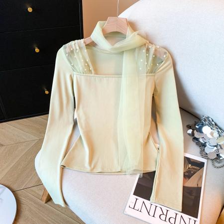 FA53837# 新款法式针织衫女冬网纱拼接气质飘带长袖打底衫 服裝批發女裝批發服飾貨源