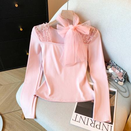 FA53837# 新款法式针织衫女冬网纱拼接气质飘带长袖打底衫 服裝批發女裝批發服飾貨源