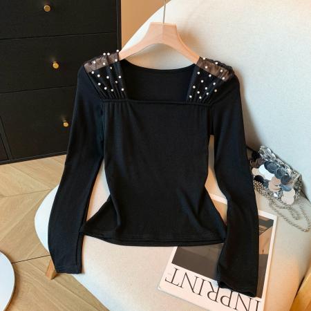 FA53837# 新款法式针织衫女冬网纱拼接气质飘带长袖打底衫 服裝批發女裝批發服飾貨源