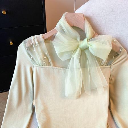 FA53837# 新款法式针织衫女冬网纱拼接气质飘带长袖打底衫 服裝批發女裝批發服飾貨源