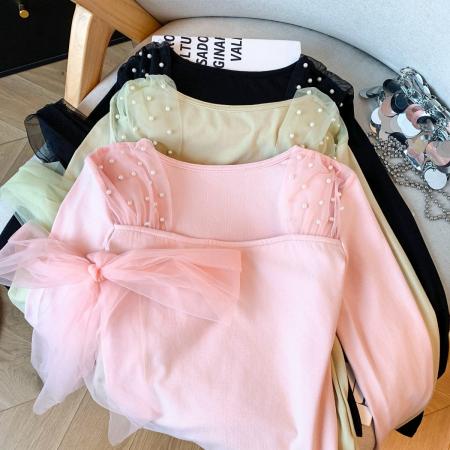 FA53837# 新款法式针织衫女冬网纱拼接气质飘带长袖打底衫 服裝批發女裝批發服飾貨源