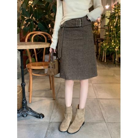 FA53838# 韩系复古高腰包臀中裙休闲通勤咖啡色毛呢西装半身裙女 服裝批發女裝批發服飾貨源