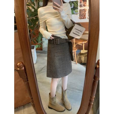 FA53840# 韩系复古高腰包臀中裙休闲通勤咖啡色毛呢西装半身裙女 服裝批發女裝批發服飾貨源