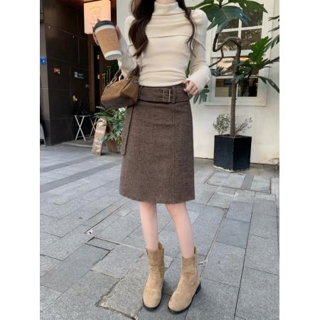 FA53840# 韩系复古高腰包臀中裙休闲通勤咖啡色毛呢西装半身裙女 服裝批發女裝批發服飾貨源
