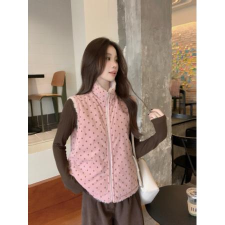 FA53841# 减龄少女粉色立领羊羔毛马甲外套女两面穿灯芯绒波点马夹 服裝批發女裝批發服飾貨源