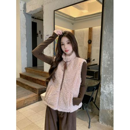 FA53841# 减龄少女粉色立领羊羔毛马甲外套女两面穿灯芯绒波点马夹 服裝批發女裝批發服飾貨源