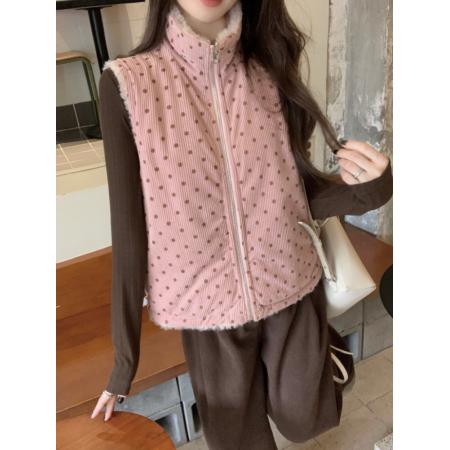 FA53841# 减龄少女粉色立领羊羔毛马甲外套女两面穿灯芯绒波点马夹 服裝批發女裝批發服飾貨源